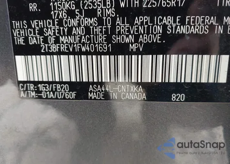 2015 Toyota Rav4 Le z USA, uszkodzony, nr VIN 2T3BFREV1FW401691